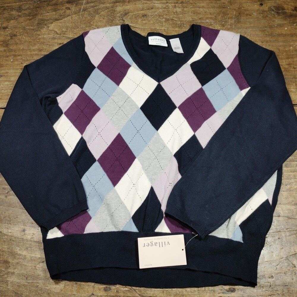 Villagers Liz Claiborne Sweater Womens 1X Navy Blue Purple Argyle V-Neck NWT Top
